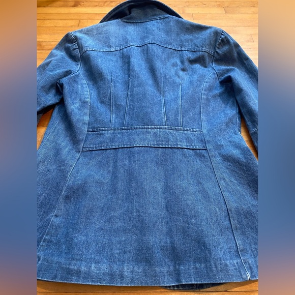 1970s DENIM JACKET Vintage Tailored Fitted DISTRESSED Jean Puffed Shoulder Sleev - Picture 3 of 8